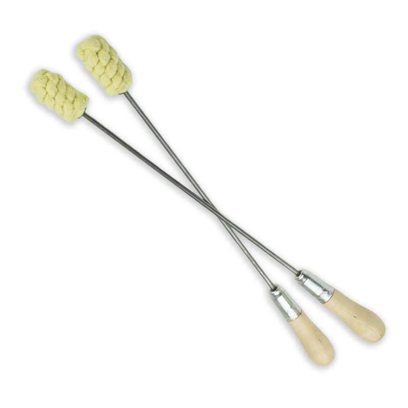 Pair fire torches with two yellow-green braided tips on silver rods and wood handles