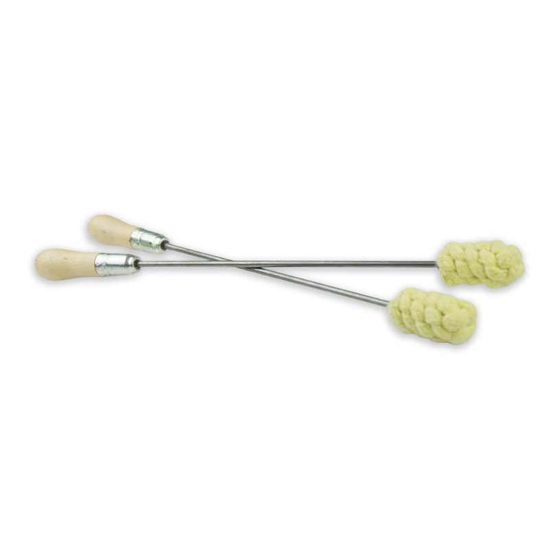 Two fire torches crossed, showing silver tubes and wood handles with yellow-green tips