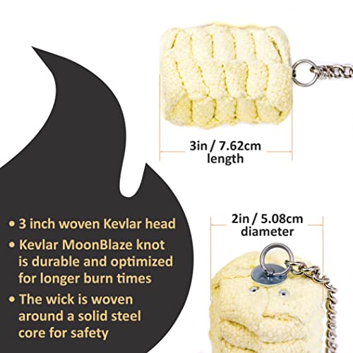 Yellow hand-woven Kevlar poi head with metal ring loop and woven wick, 3in