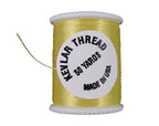 Yellow Kevlar thread spool with printed label and loose thread strand