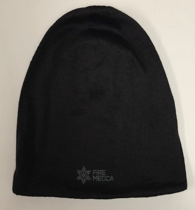 Black kevlar knit beanie with FIRE MECCA logo