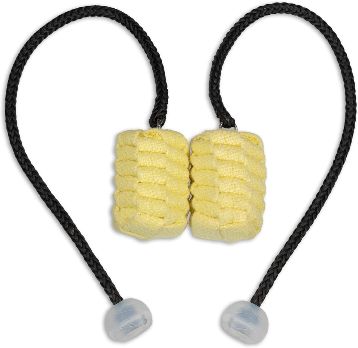 Fire poi pair with yellow woven heads and black braided cords, with translucent end knobs