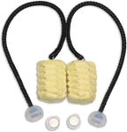 Fire poi pair with yellow woven heads, black braided cords, and visible white inner knobs