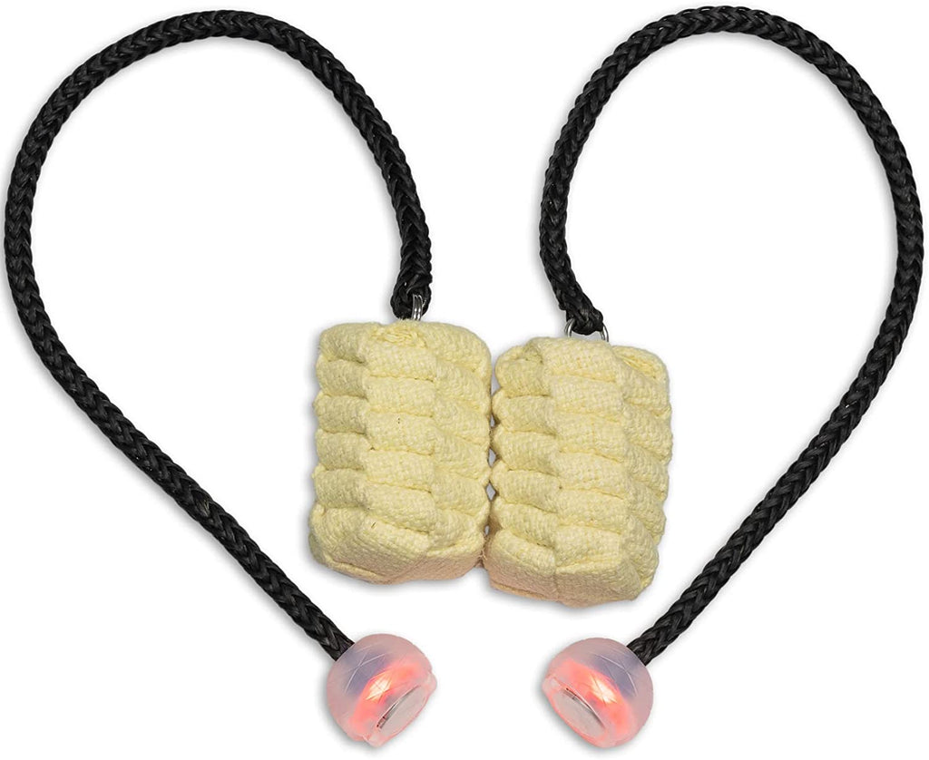 Fire poi pair with yellow woven heads, black braided cords, and orange-lit translucent knobs