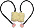 Fire poi pair with yellow woven heads, black braided cords, and orange-lit translucent knobs