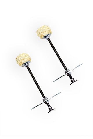 Two-rod fire torch with round crumpled yellow grips and black metal handles