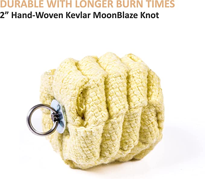 Yellow hand-woven Kevlar poi head with metal ring loop and braided woven wick