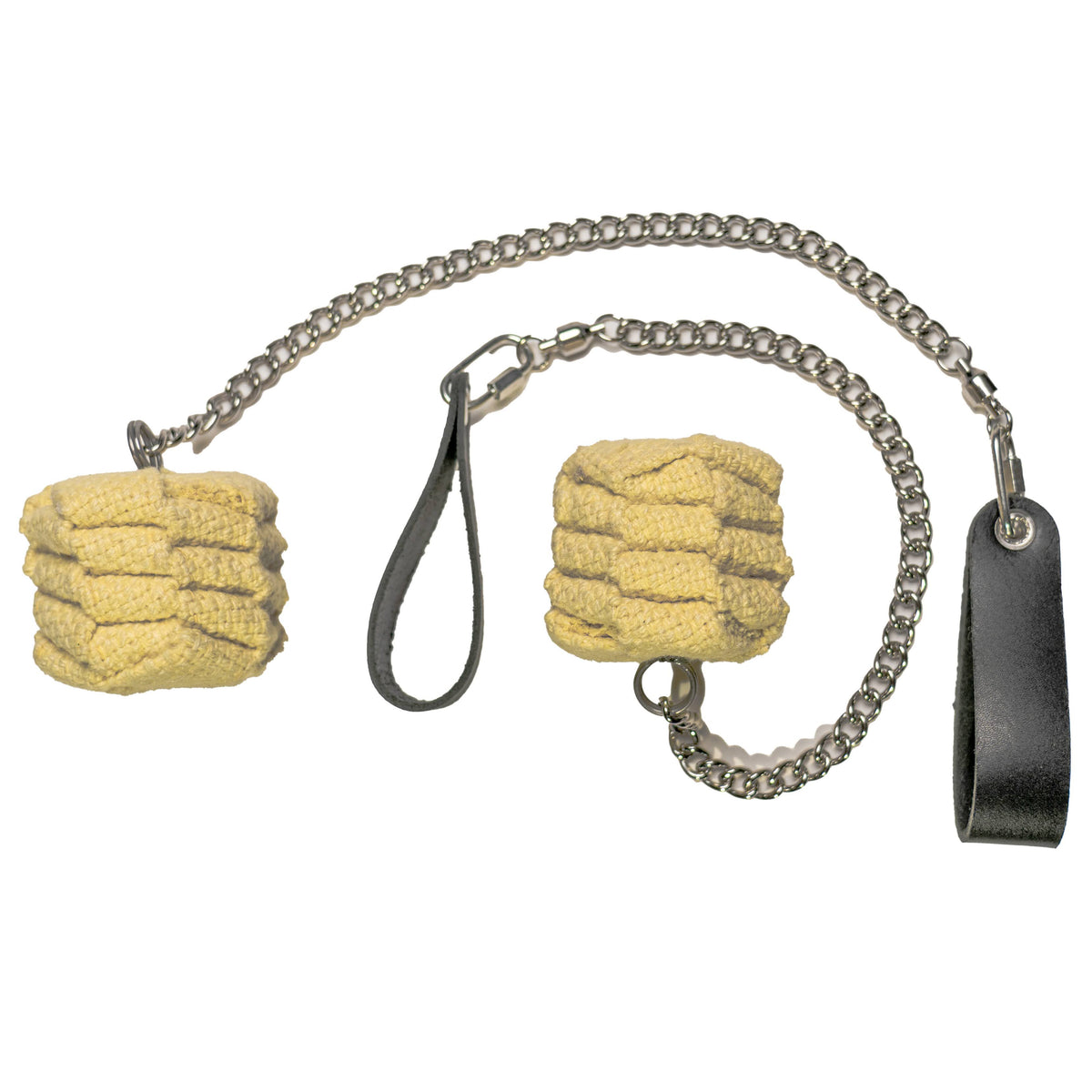 Fire poi set with two yellow sponge heads, silver chains, and a black strap