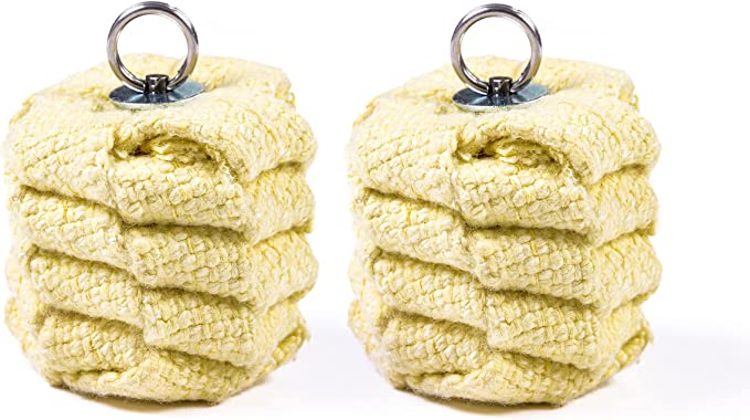 Pair of yellow hand-woven Kevlar poi head sets with metal split ring loops