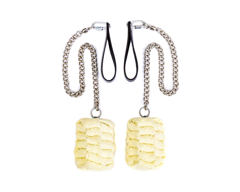 Fire poi set with yellow sponge heads, silver chains, and black wrist loops