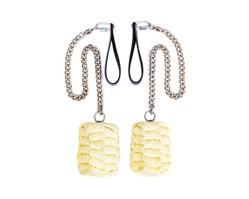 Fire poi set with yellow sponge heads, silver chains, and black wrist loops