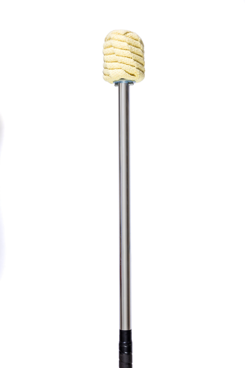 Fire staff with yellow braided wick head on a silver metal shaft