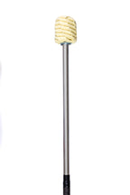 Fire staff with yellow braided wick head on a silver metal shaft