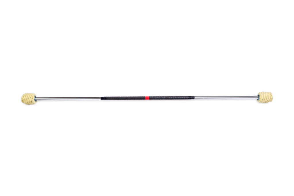 Fire staff with ribbed yellow wick tips on a silver metal pole