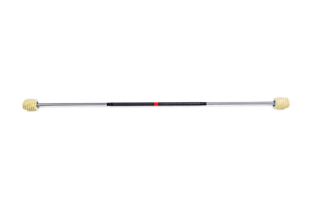 Fire staff with ribbed yellow wick tips on a silver metal pole