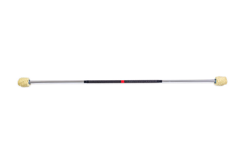 Fire staff with ribbed yellow wick tips on a silver metal pole