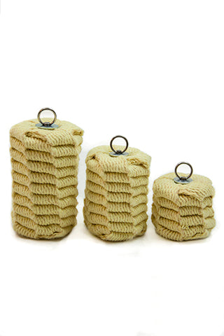 Set of three yellow hand-woven Kevlar poi heads with metal ring loops