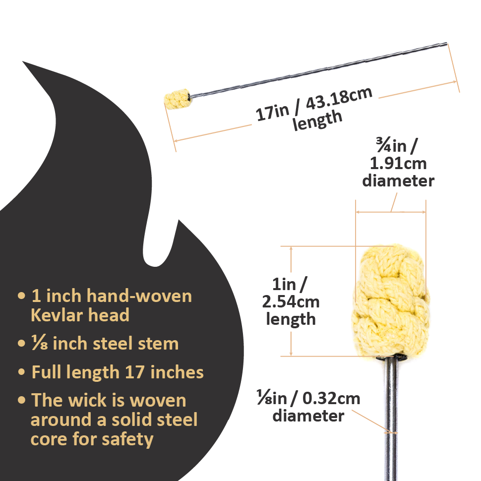 Fire torch with tan hand-woven Kevlar head and black metal stem