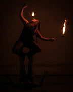 Two handheld fire torches with burning flames on tan woven heads