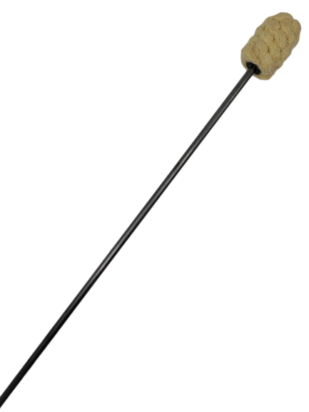 Handheld fire torch with a long black metal rod and tan woven Kevlar head