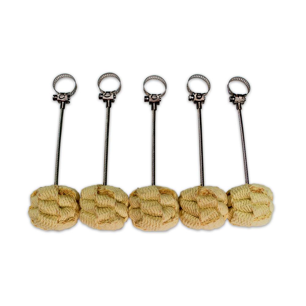Set of five fire hoop wicks with metal ring clips and braided pale yellow-green heads.