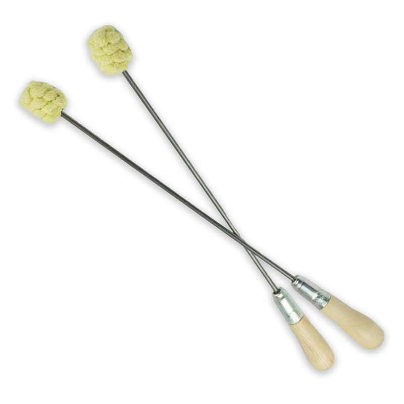 Pair fire torches with wood handles, silver rods, and yellow-green braided ends