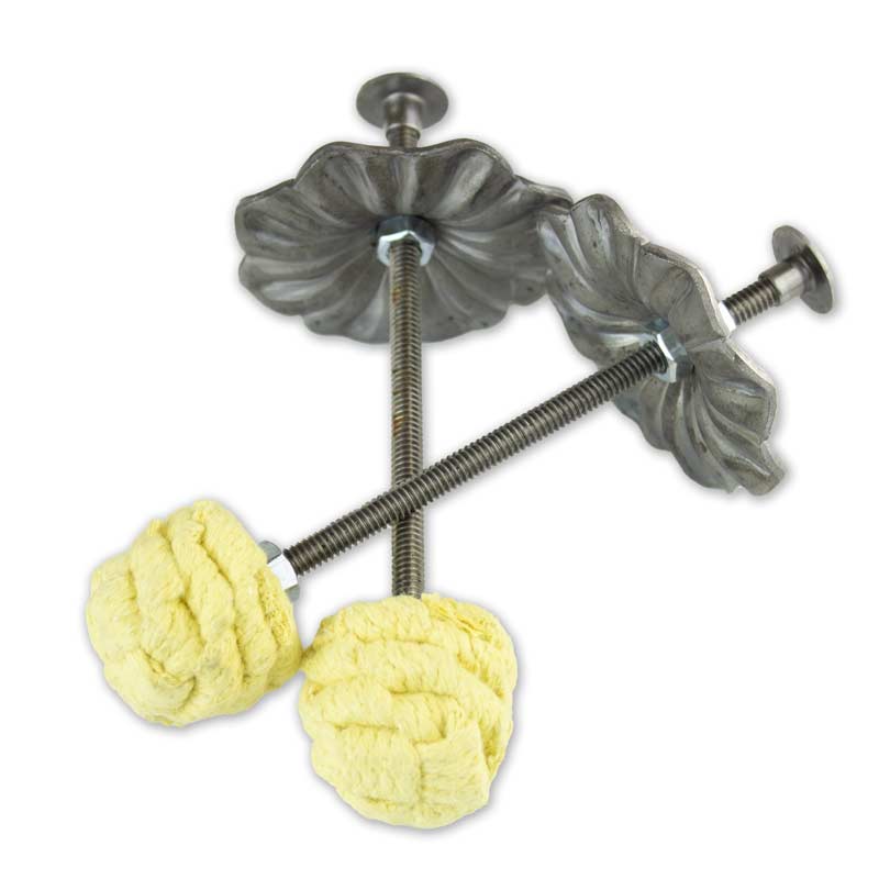 Three-rod fire torch set with metal petal handrest and two crumpled yellow grips