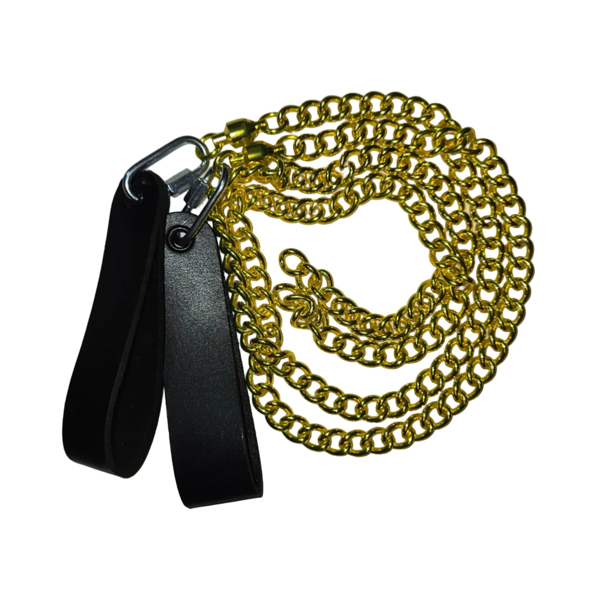 Gold twist-link chain poi leash with black plastic handle and metal clip