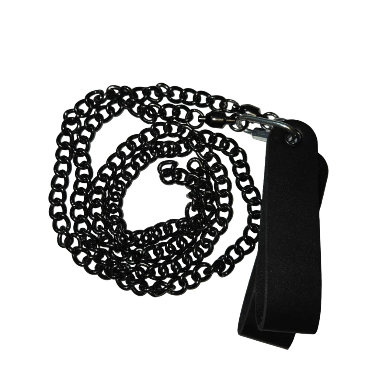 Black twist-link chain poi leash with black plastic end and carabiner clasp