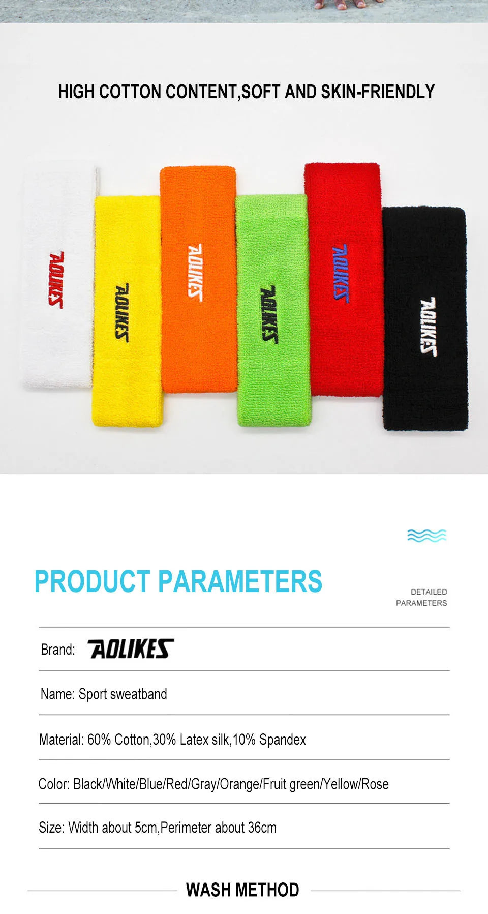 Assorted cotton sport sweatbands in bright colors with AOLIKES embroidered logo