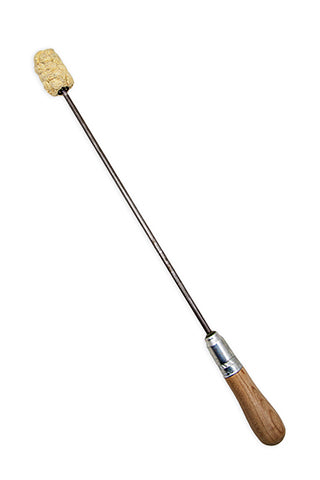 Handled fire torch with wood grip and yellow-green braided head