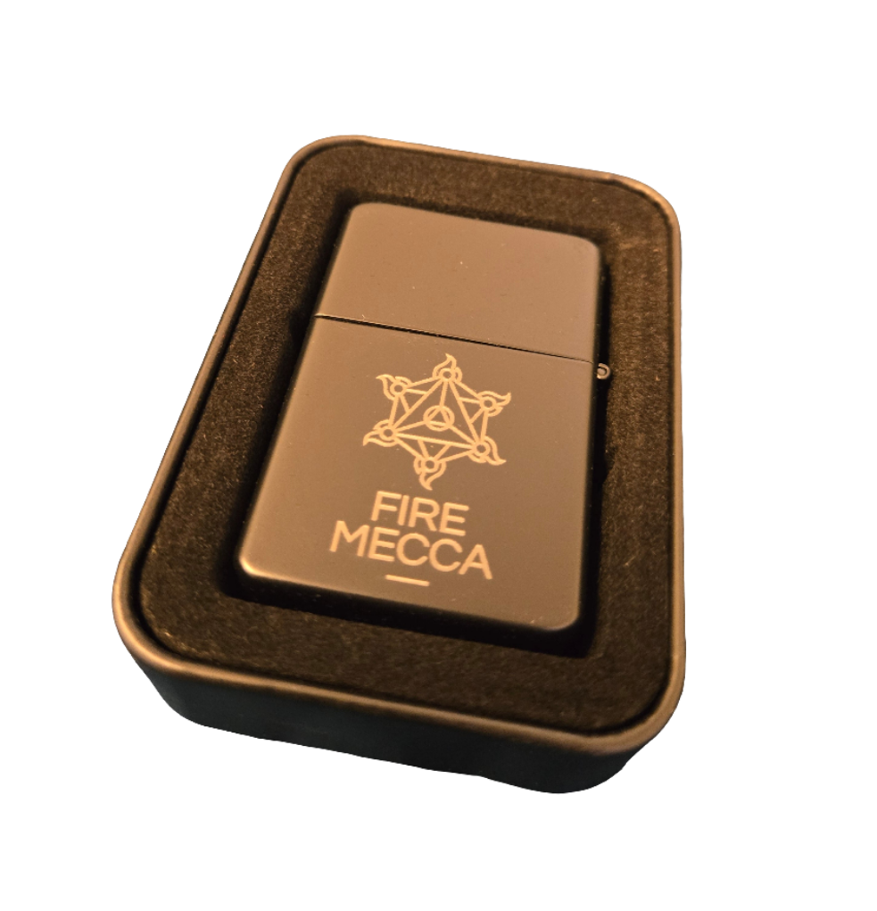 Engraved matte lighter in open case with Fire Mecca emblem and FIRE MECCA text
