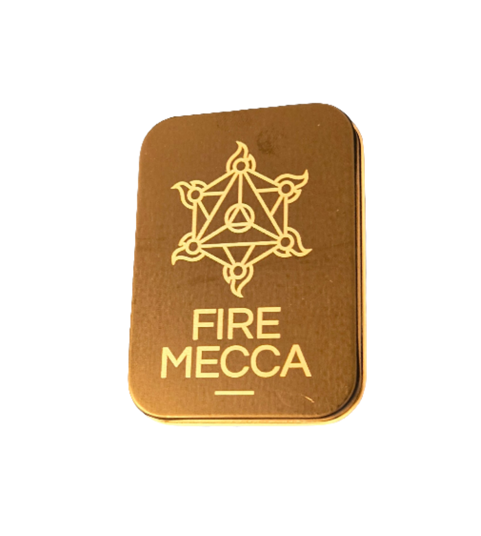 Engraved matte lighter with centered Fire Mecca emblem and stacked FIRE MECCA text