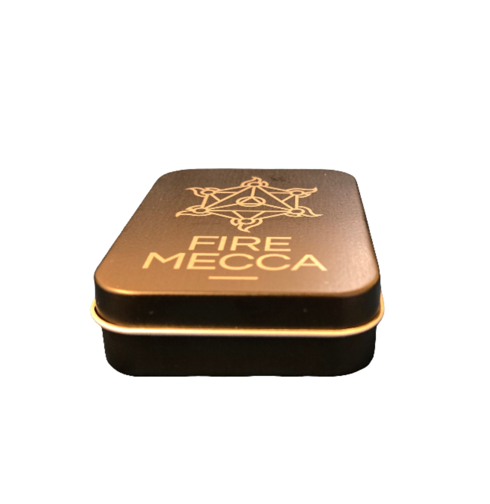Engraved matte lighter top with Fire Mecca emblem and FIRE MECCA lettering on lid