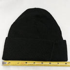 Black kevlar knit beanie, ribbed texture with size measurement