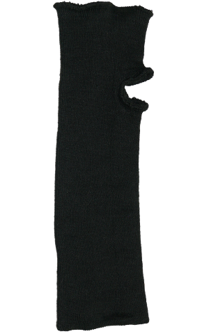 Black Kevlar fire performer sleeve with thumb and finger openings on the cuff.