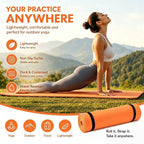 Outdoor yoga mat in orange with rolled mat end and woman kneeling on it