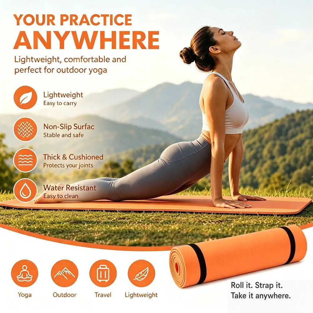 Outdoor yoga mat in orange with rolled mat end and woman kneeling on it