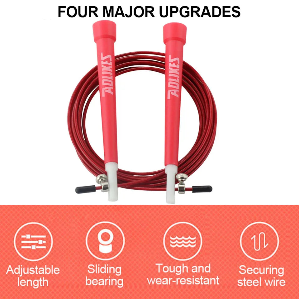 Adjustable steel wire jump rope with red foam handles, white bases, and red cable