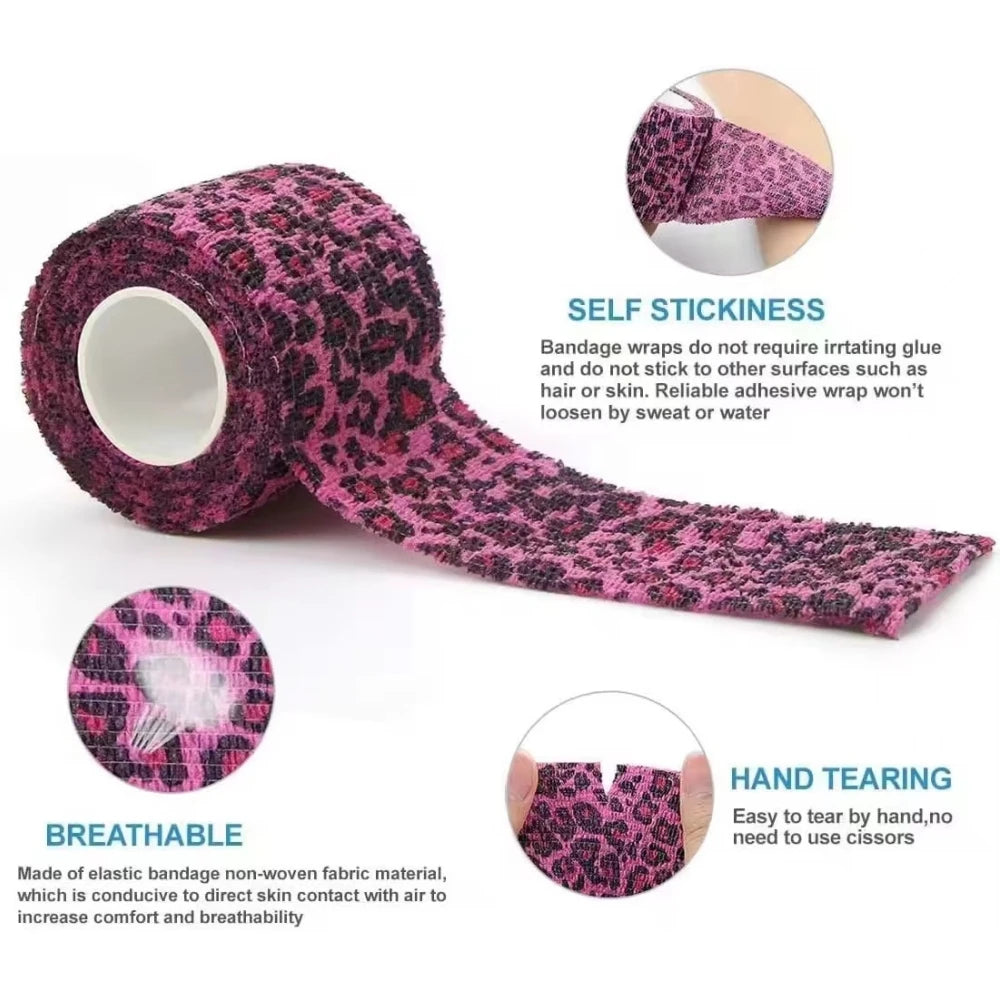 Pink leopard-pattern self-adhesive wrist bandage strip with visible roll core