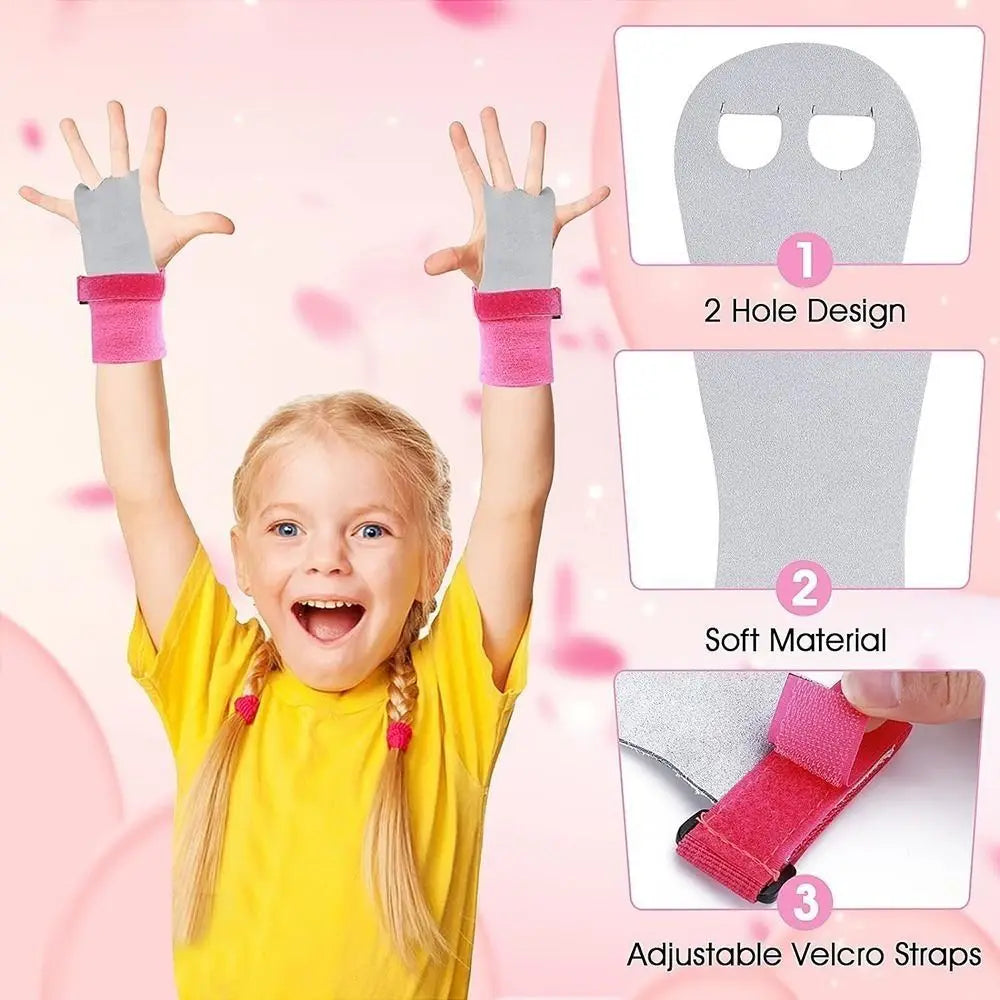 Youth aerial grip wristbands with pink cuffs and adjustable Velcro strap design