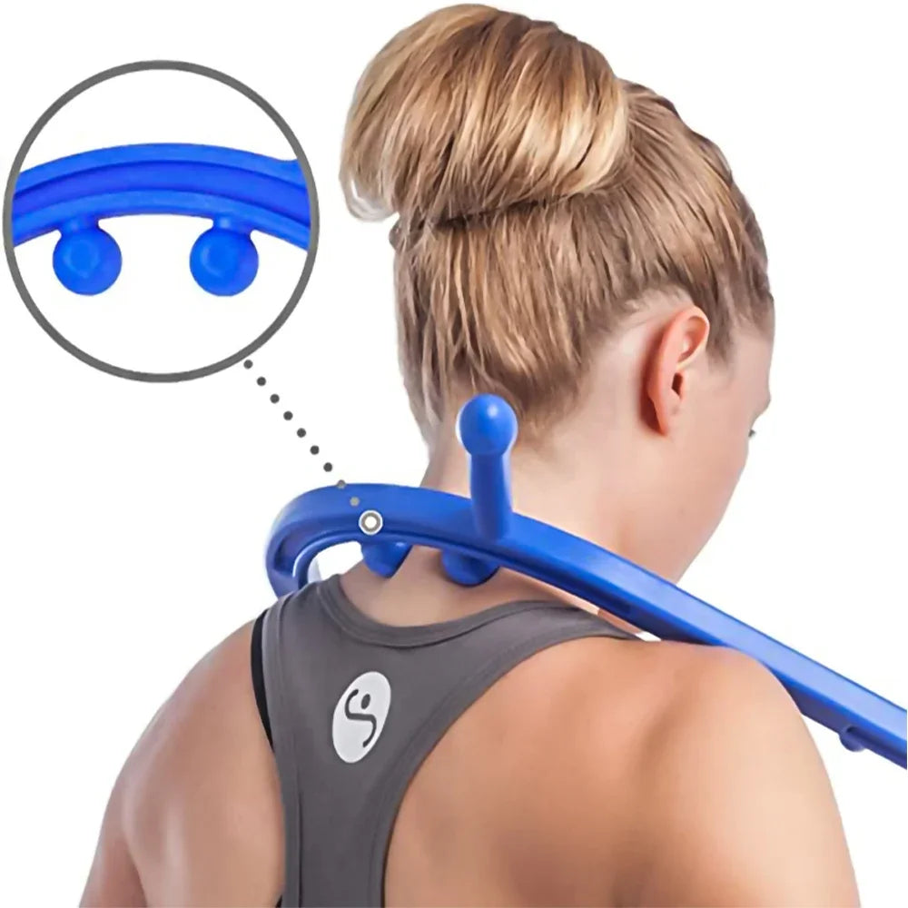 Blue handheld massage cane pressed to the neck with knob contact tip