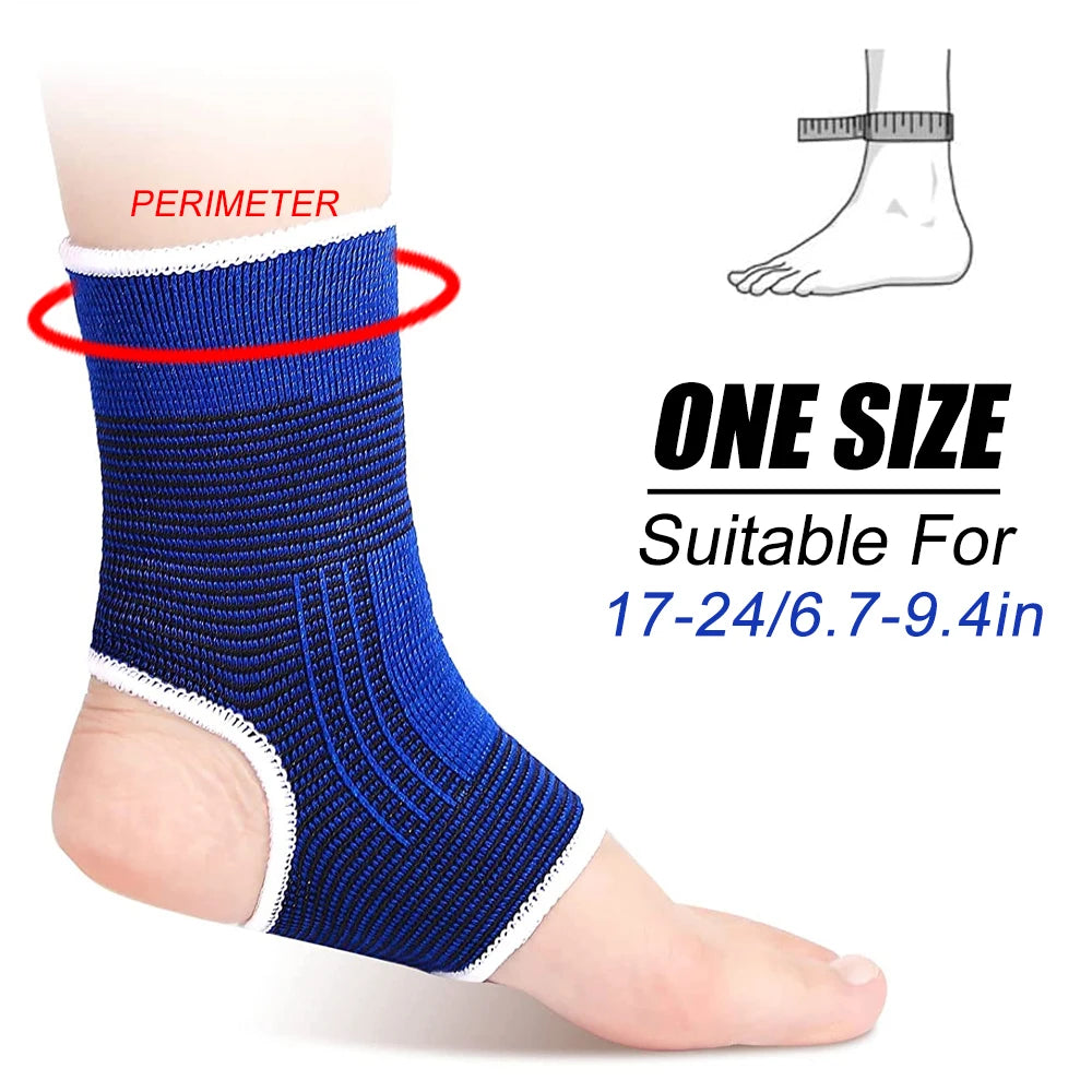 Blue ankle guard sleeve on foot, knit cuff with white trim and heel opening