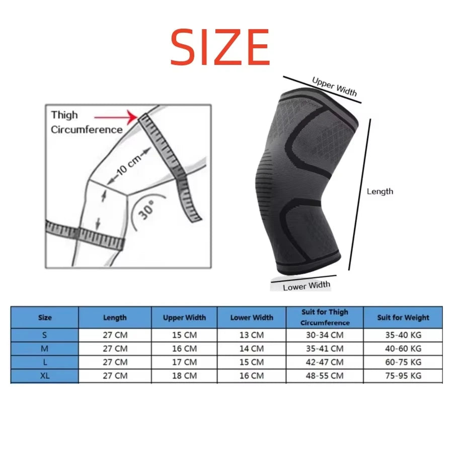 Size chart for knee sleeves with measurements for length, width, and suit ranges.