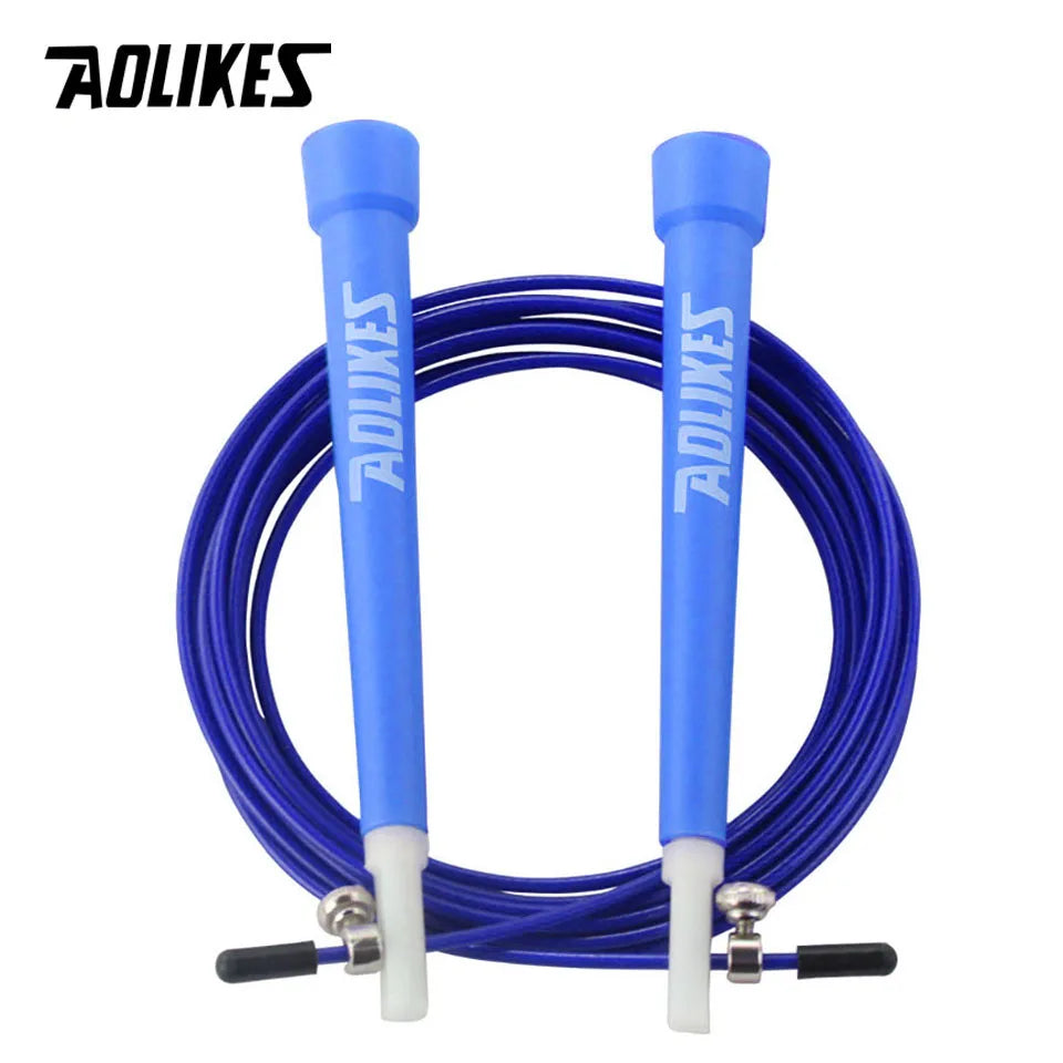 Adjustable steel wire jump rope with blue foam handles and blue steel cable