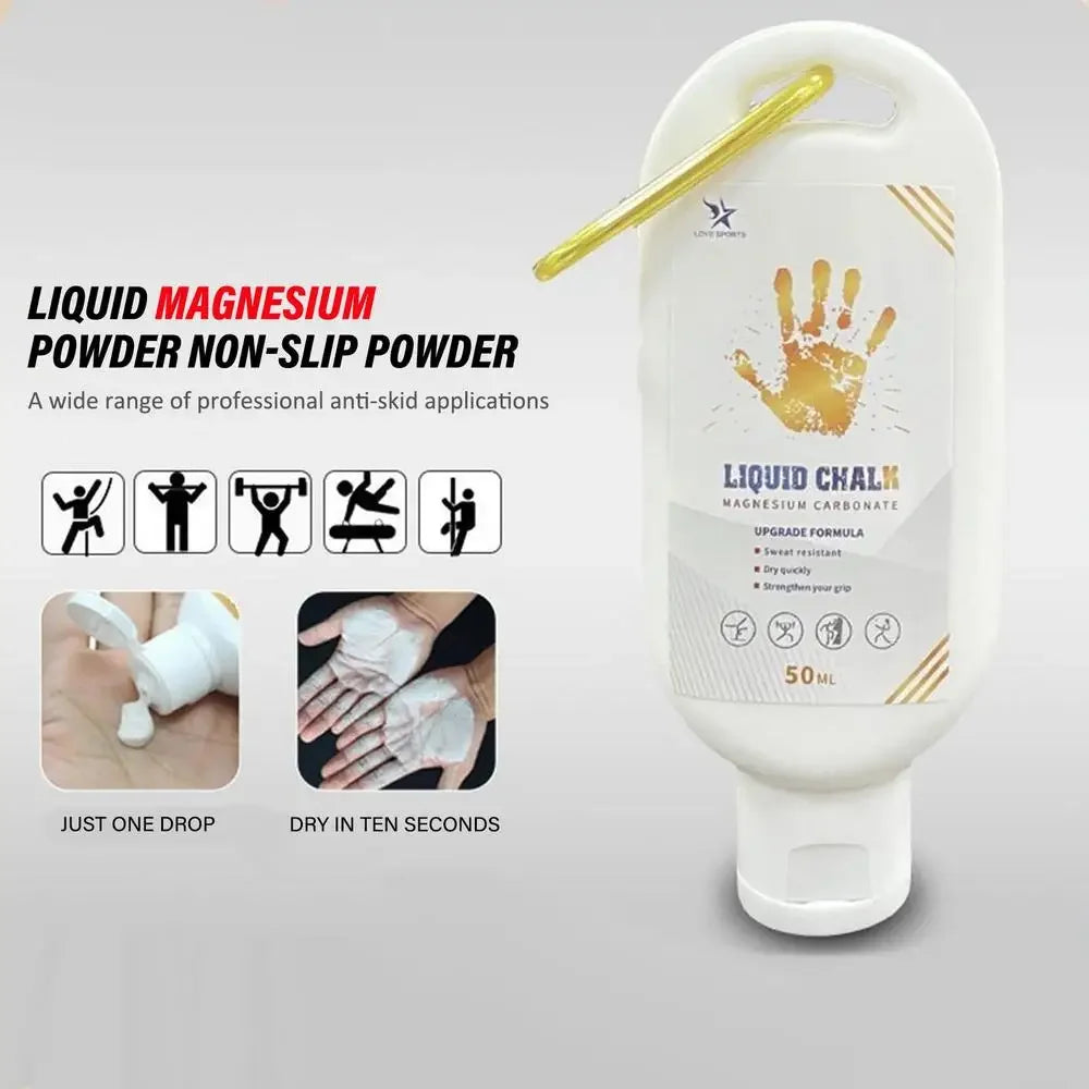Liquid magnesium grip bottle with golden handprint label and non-slip application icons