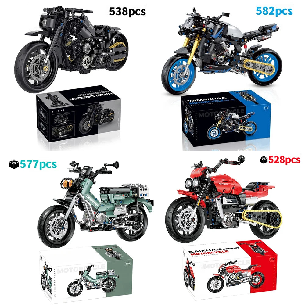 Motorcycle building block model with boxes, black bike and blue wheel