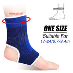 Blue ankle guard sleeve on foot, one-size knit compression cuff with white trim and heel opening