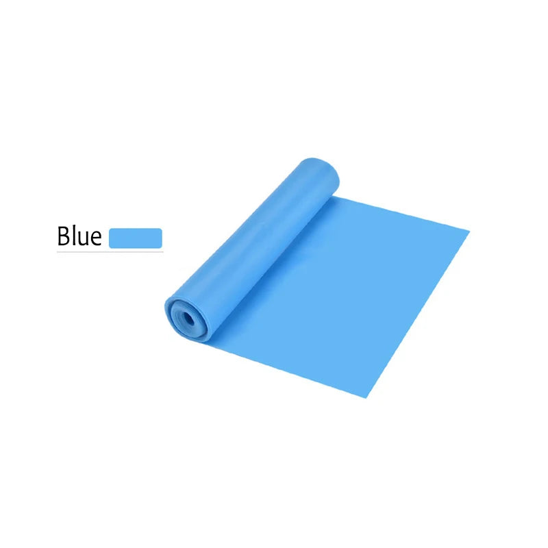Blue resistance band roll, smooth elastic sheet coiled with a rolled edge