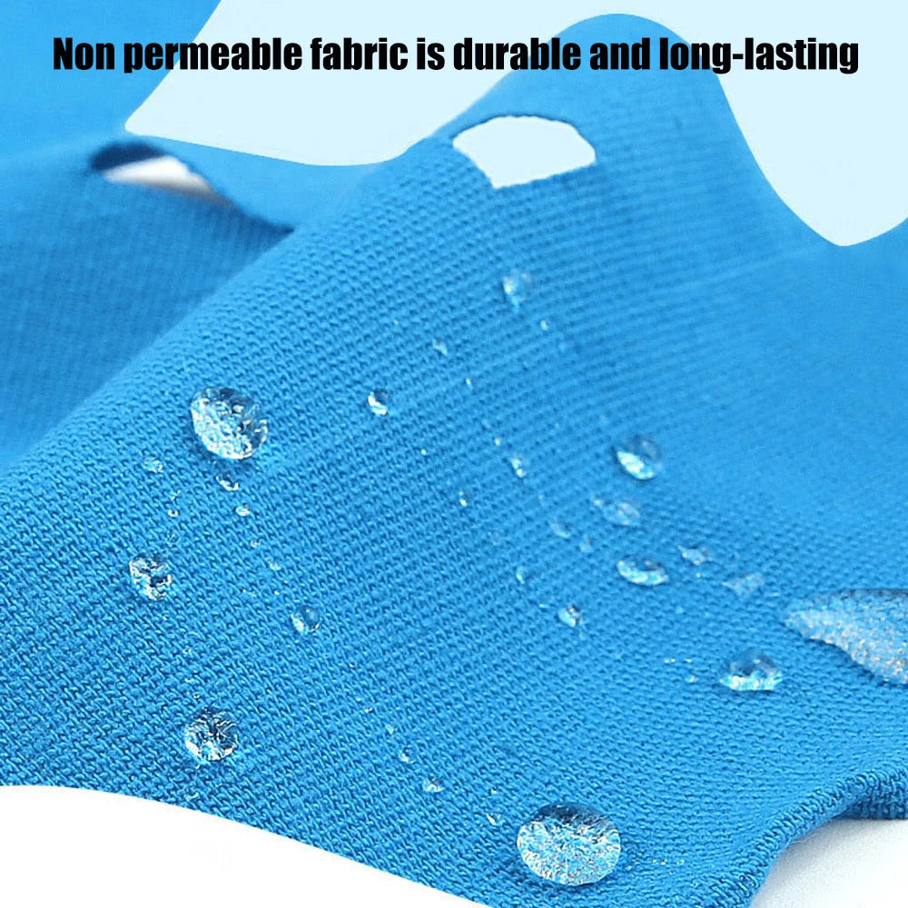 Blue kinesiology tape fabric close-up with water droplets and textured weave